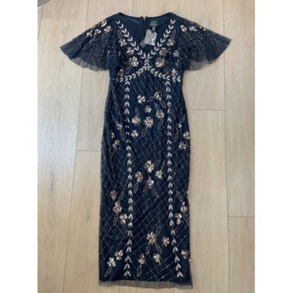 Adrianna Papell Dresses & Skirts - NEW Adrianna Papell‎ Dress Womens Size 6 Blue Beaded Flutter Sleeve Midi *Flaw
